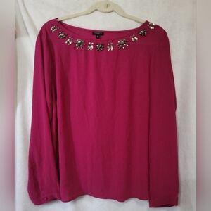 Women's Talbots Petites LS Fuchsia Pink Sparkle Beaded Jeweled Blouse Top 16P